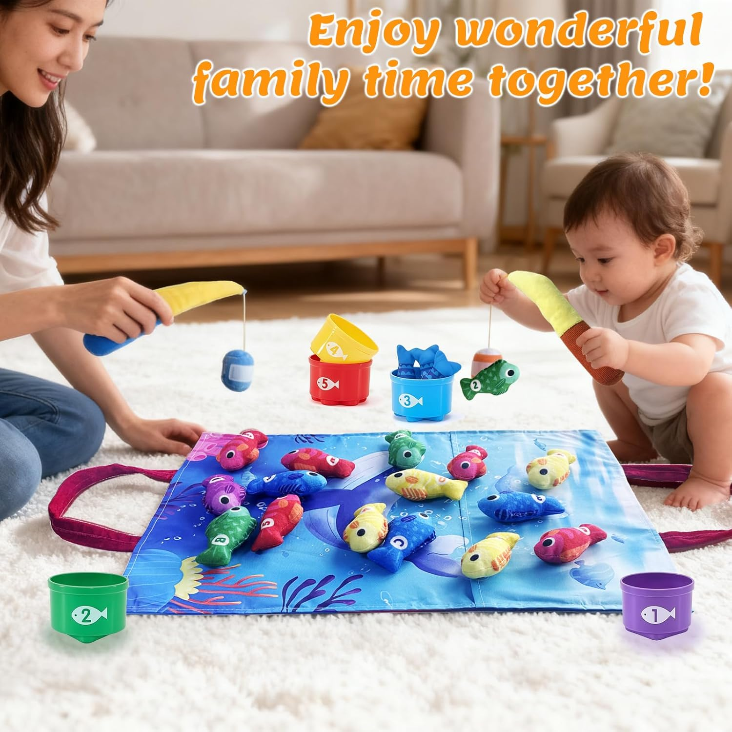Montessori Toys for 1 2 Year Old, 2-In-1 Cloth Fishing Game & Book with Foldable Mat, Baby Toys 6-12-18 Months, Educational Learning Gift with Stacking Cups for Number, Color, Shape (Ocean) image number 3