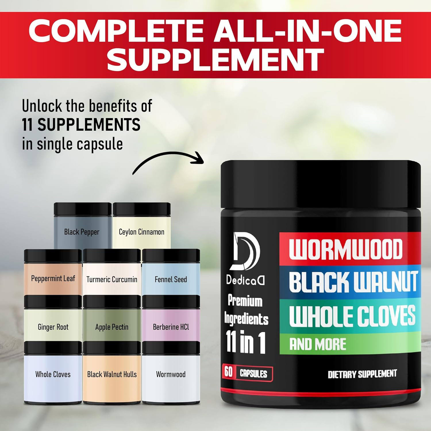 DEDICAD Wormwood Capsules Supplement - Extracted from Black Walnut, Cloves, Turmeric, Apple, Berberine Hcl & More - 11 Ingredients Combined for Immune System, Body Management - 60 Capsules image number 4