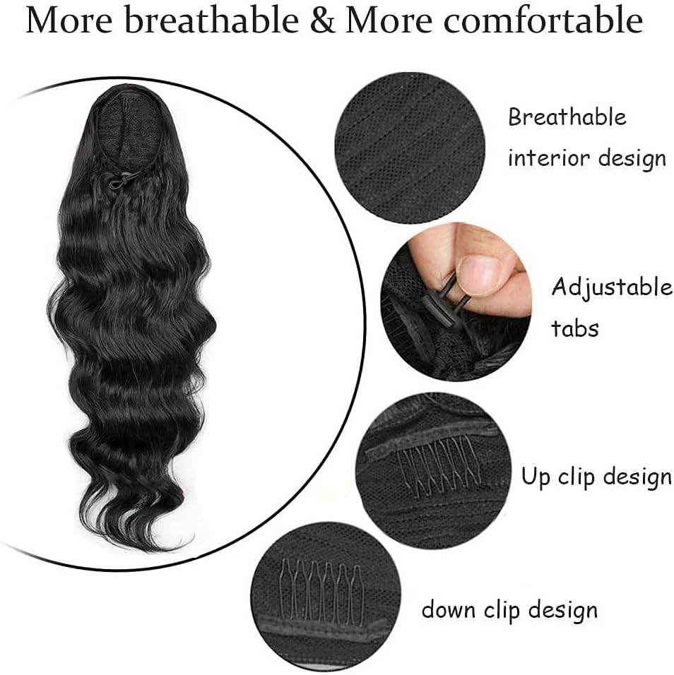 YEESHEDO Ponytail Hairpiece Clip Extensions with Drawstring Long Wavy Black Hair Extensions Natural Wig Afro Curly Ponytail for Braids (1B#) image number 4