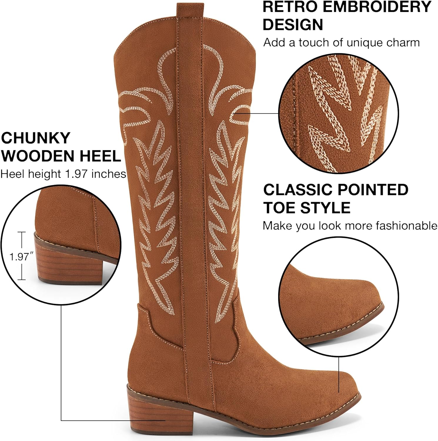 Ecetana Western Cowboy Boots for Women - Knee High Pointed Toe Chunky Heel Suede Cowgirl Boots with Wide Calf Classic Embroidered Pull on Zipper Tall Boot for 2025 Fall Winter image number 1