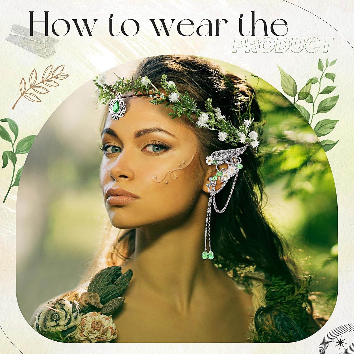 Zeyune Halloween Elves Cosplay Set Fairy Flower Crown Headpiece Elf Ears Cuffs Renaissance Costume Leaf Elves Wings Ear Cuff image number 6