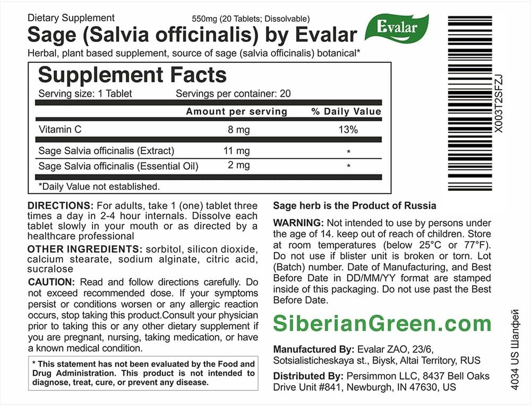 Evalar Sage Salvia Officinalis Herb Dissolvable 20 Tabs image number 4