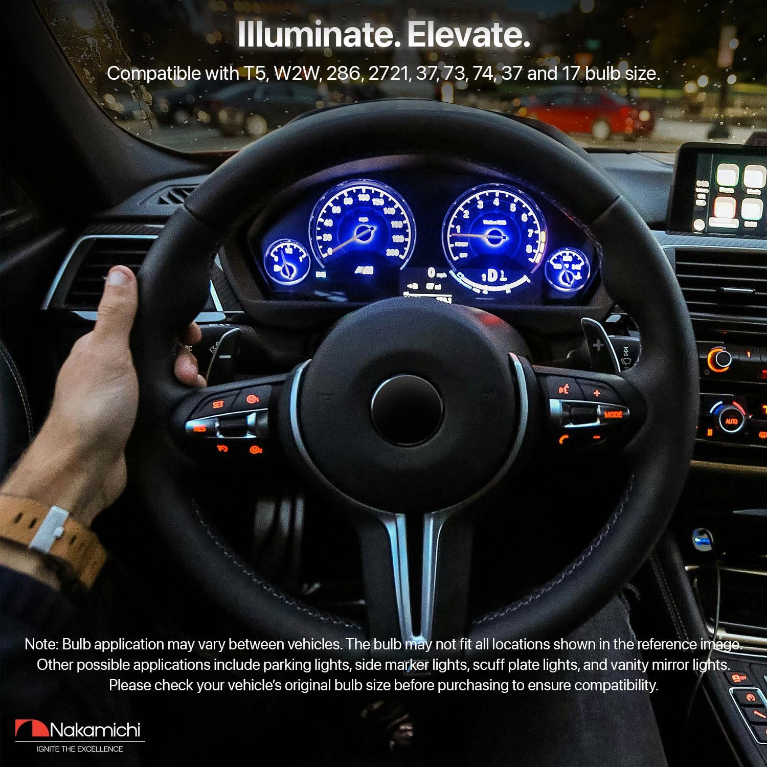 Nakamichi T5 W2W LED Bulb 37 74 2721 for PC74 PC37 Socket, Extremely Bright 12V 2016 SMD Chip Dashboard Instrument Panel Gauge Cluster Control Indicator Interior Light Lamp (Neon Blue, Pack of 12) image number 1