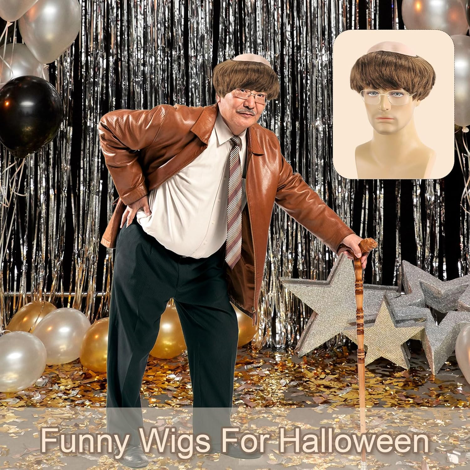 Bald Head Cap Funny Wig for Adults Men Women, Latex Bald Wig Cap Grandpa Glasses, Monk Costumes with Brown Friar Hair Bowl Cut, Men'S Old Man Fancy Dress up Party Halloween Cosplay (Brown) image number 1