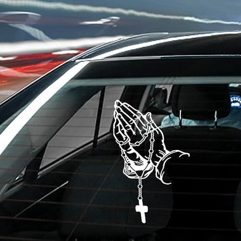 2Pcs White Praying Hands and Rosary Car Stickers - Jesus Pearl Religious Decals for Cars, Laptop, Motorcycle | Waterproof Bumper Decoration,For Christ Personalized Stickers image number 2