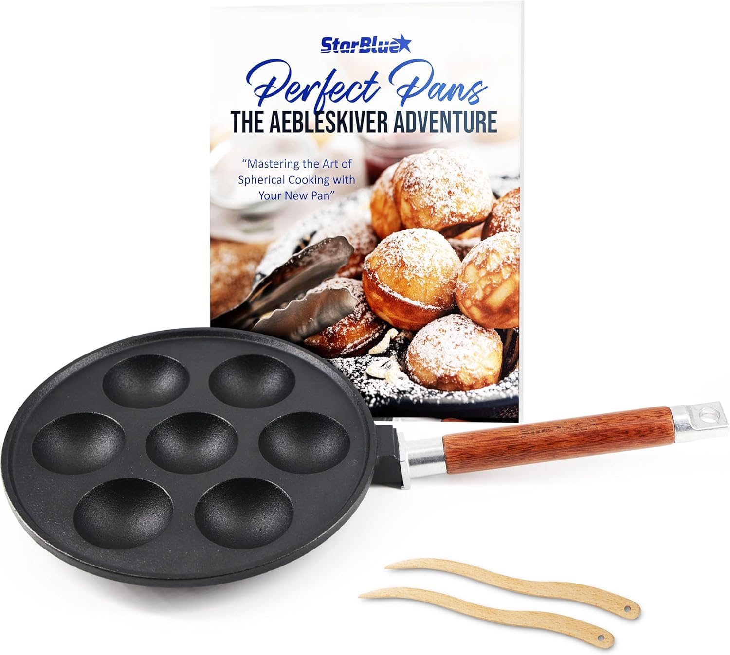 Starblue 7-Hole Cast Iron Aebleskiver Pan Detachable Wooden Handle, Pre-Seasoned, Aebleskiver Sticks and Recipe Book Included image number 1