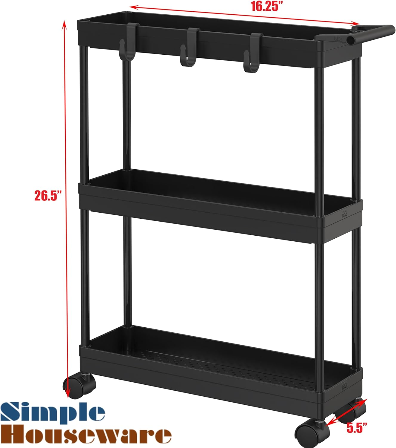 Simplehouseware 3-Tier Slim Rolling Cart with Handle and Hooks for Kitchen and Bathroom Trolley, Black image number 4