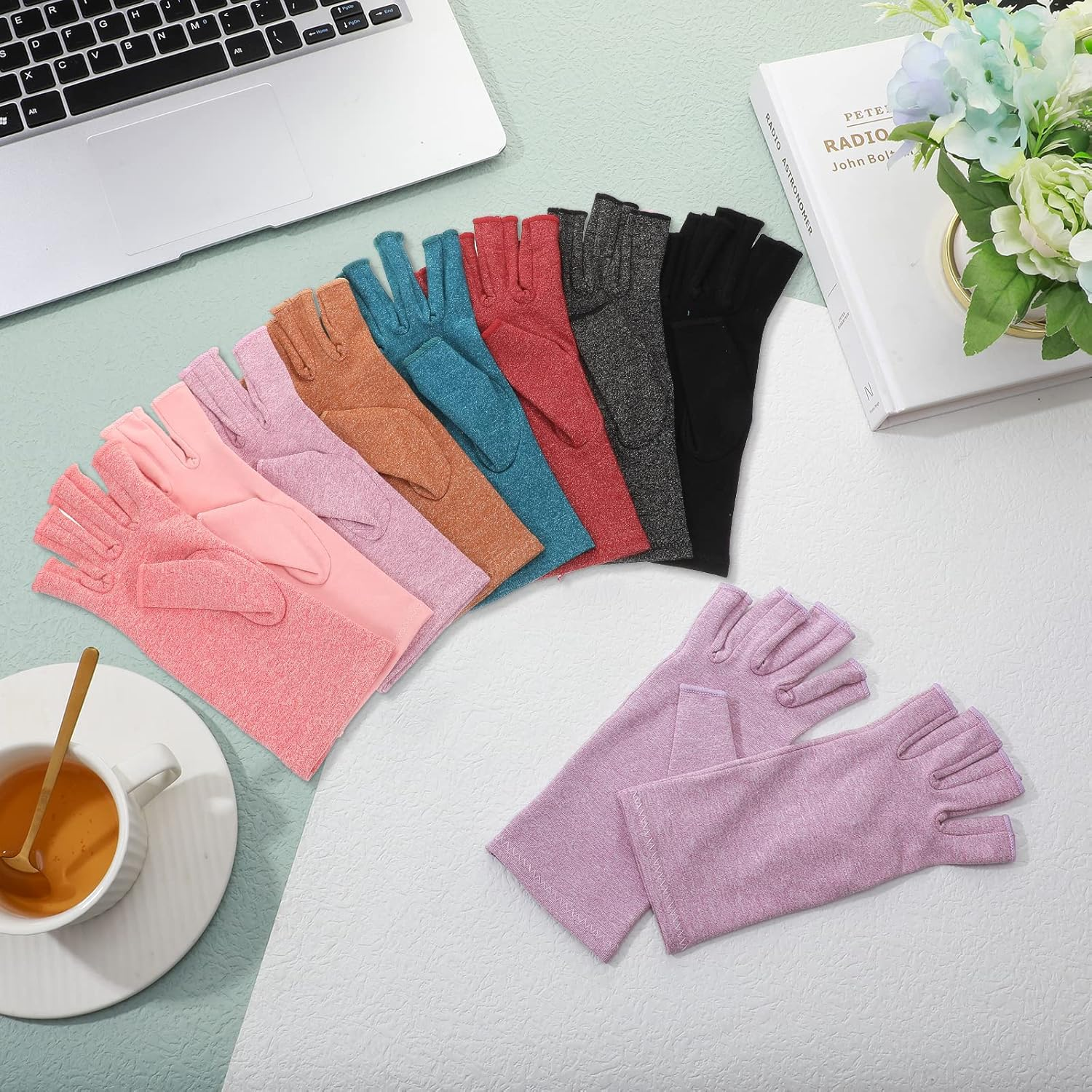 Crowye 8 Pairs Arthritis Compression Gloves Relieve Muscle Pain Fingerless Gloves Bulk Typing Gloves for Women Men image number 2