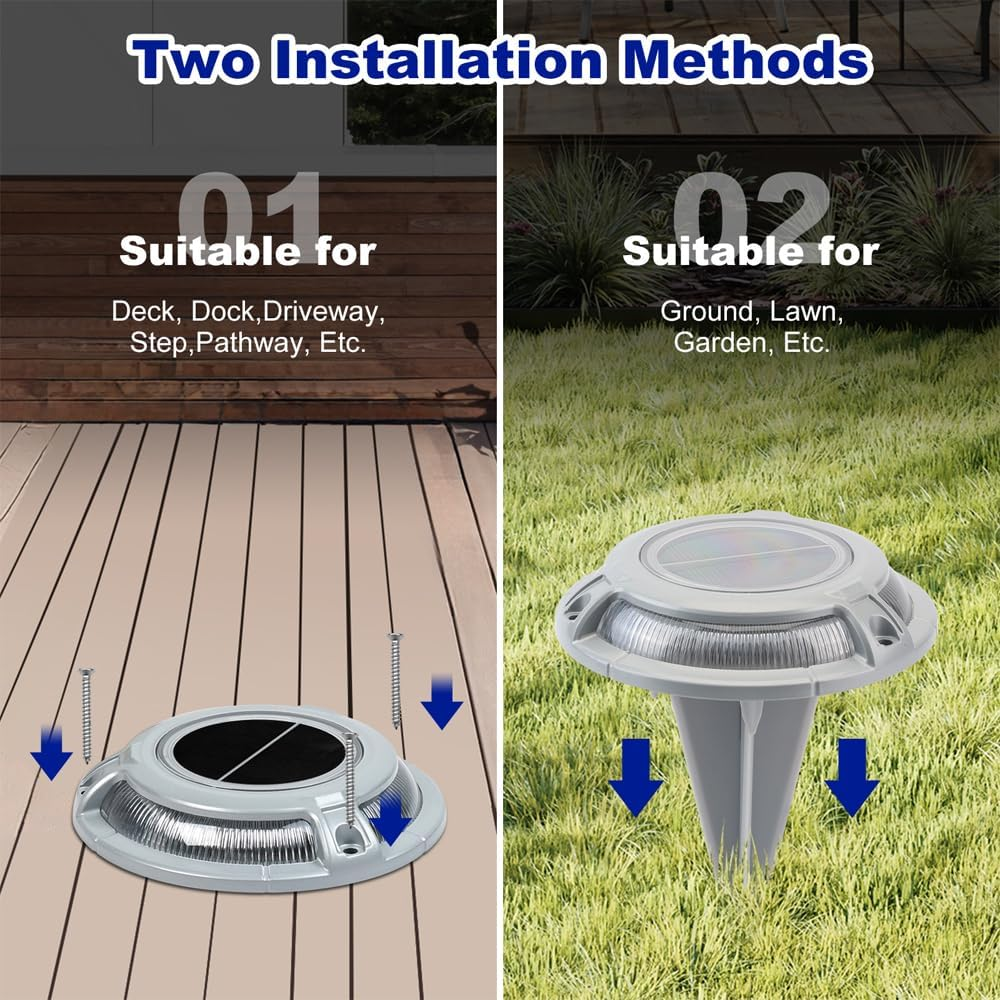 Aluminum Alloy Solar Driveway Lights, IP68 Solar Deck Light Marine Dock Lights Outdoor Waterproof 4 Modes, Multicolor LED Driveway Markers Garden Light for Walkway, Path Decor (2 Pack)