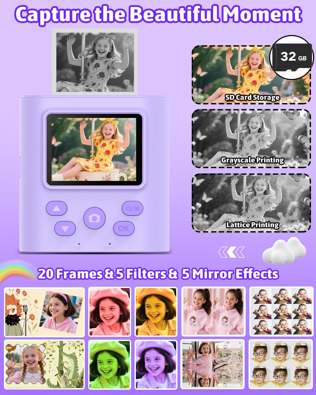 Mgaolo Kids Camera with Instant Print, Thermal Printing Digital Camera Toy for 3-12 Years Old Children, Safe Ink-Free Design, Present for Creativity & Learning (Purple) - Black image number 3