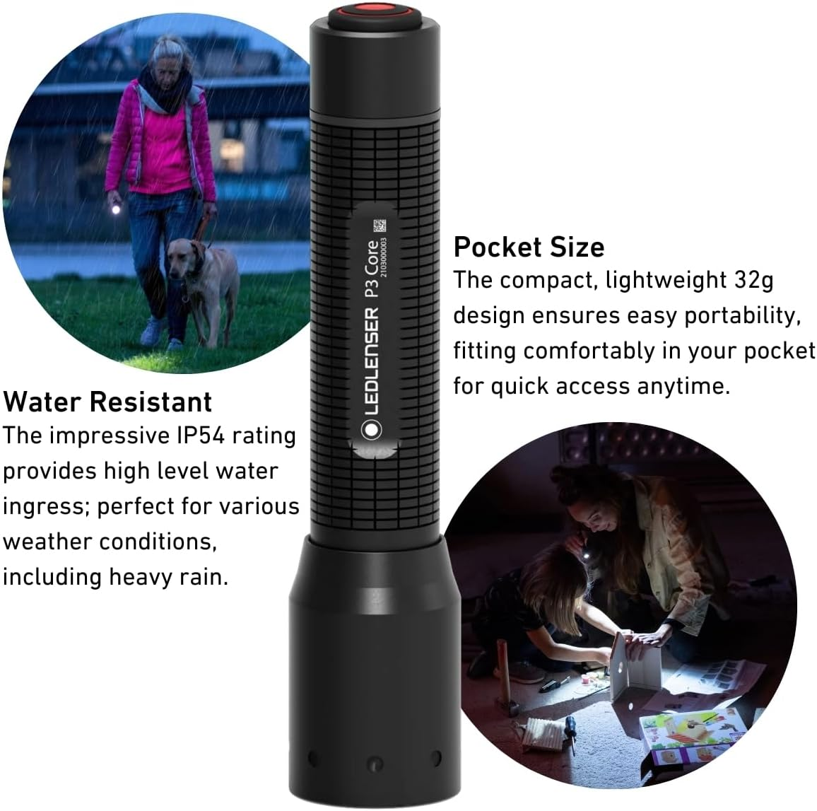 Ledlenser P3 CORE - Premium Battery Operated LED Torch, 90Lm IP54 Water Resistant Ultra-Compact, Lightweight Flashlight, Perfect Hiking, Camping Torch (Batteries Included) Black
