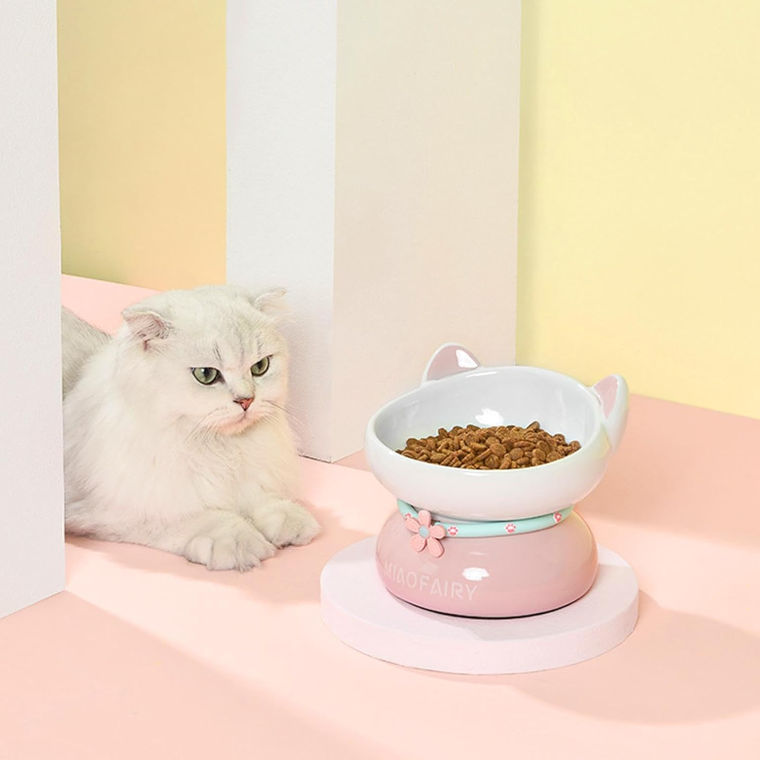 Raised Ceramic Cat Bowl - Cat Dish Backflow Prevention | Cute Slanted Mouth Raised Cat Bowls Stable for Food and Water image number 6