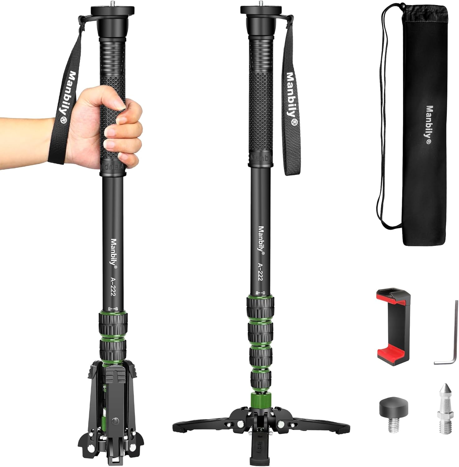Manbily Extendable Camera Aluminum Monopod with Feet, 170Cm Monopods for Cameras Portable with Removable Tripod Base for DSLR Canon Nikon Sony Video Camcorder, 5 Sections, Max Load 15.5 Lbs (A-222)