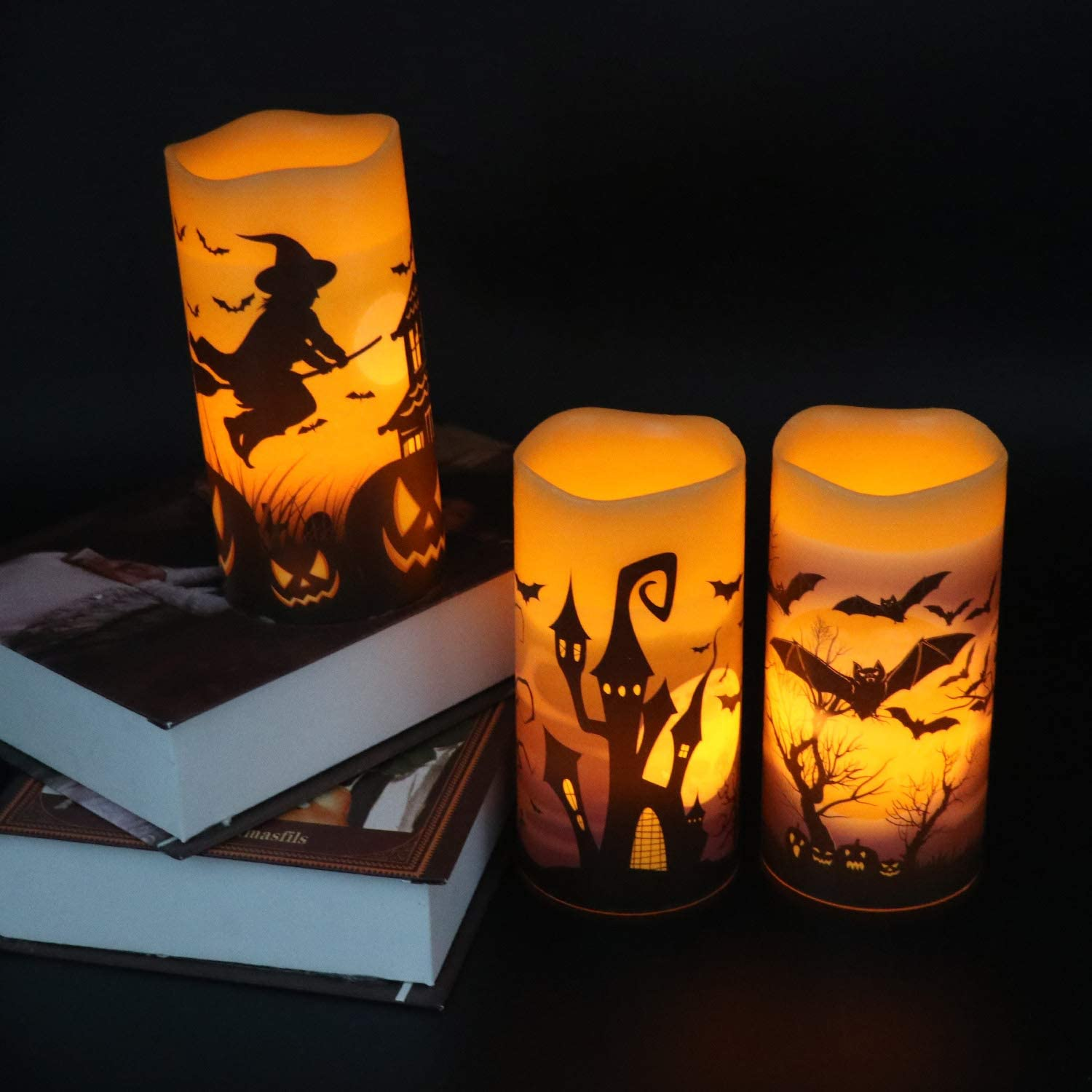 Eldnacele Halloween Flameless Flickering LED Candles with 6-Hour Timer, Battery Operated Wax Candles Assorted Decals Witch, Pumpkin, Bats, Castle Set of 3 for Decoration