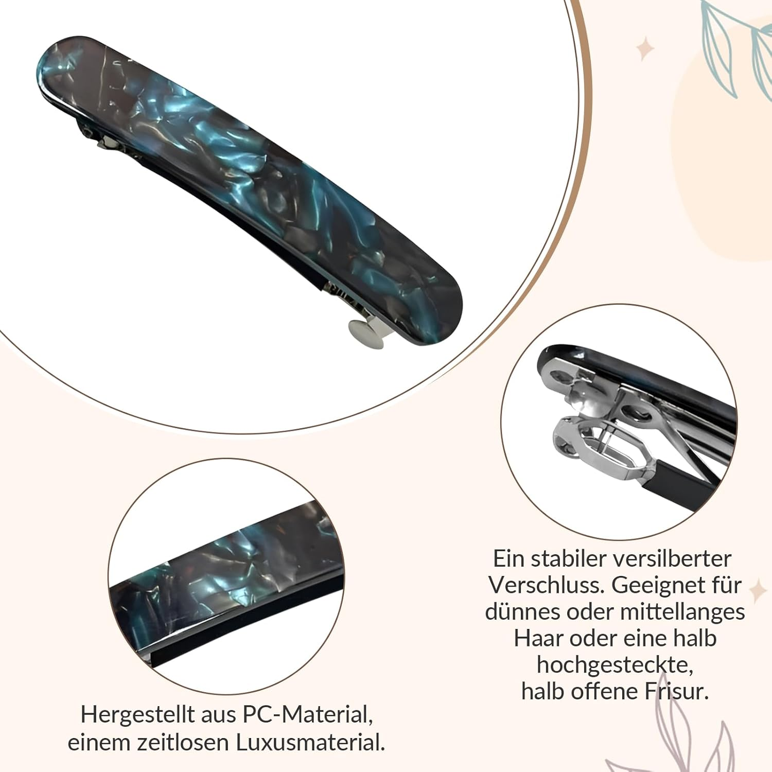 Baoblaze Women'S Hair Clips, French Hair Clips, Vintage Hair Accessories, Barrette, Automatic Tortoise Shell Hair Clips for Girls, Fine Hair and Medium Thick Hair, Blue Black, 8.3 Cm, Pack of 2