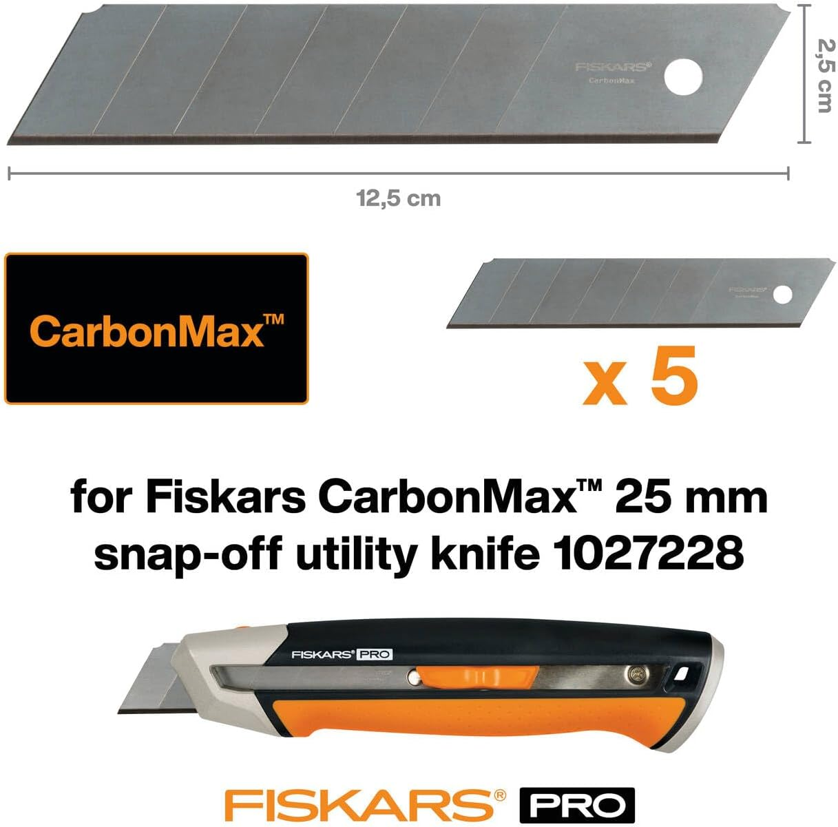 Fiskars Carbonmax Snap-Off Blades, for Fiskars Carbonmax Snap off Knife, 25Mm, Stainless Steel, 5 Pack, 1027233