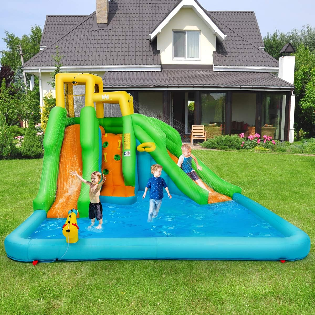 HONEY JOY Inflatable Water Slide, 6 in 1 Inflatable Castle Water Park W/Climbing Wall, Basketball Rim, Large Bounce House, Splash Pool, Water Cannon, Kids Water Slides for Backyard (Without Blower) image number 3