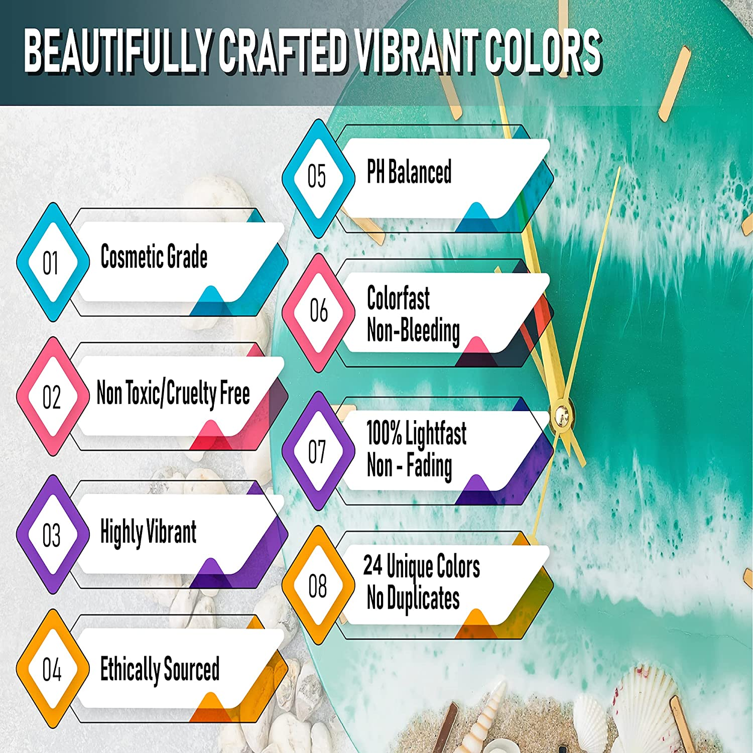 Mica Powder 24 Colors Shake & Pour Jars Set TECHAROOZ Epoxy Resin Dye&ndash; 240G/8.47Oz - Cosmetic Grade Pigment Powder for Bath Bombs, Lip Gloss, Nail Dips, Soap & Candle Making, Slime Colorant image number 5