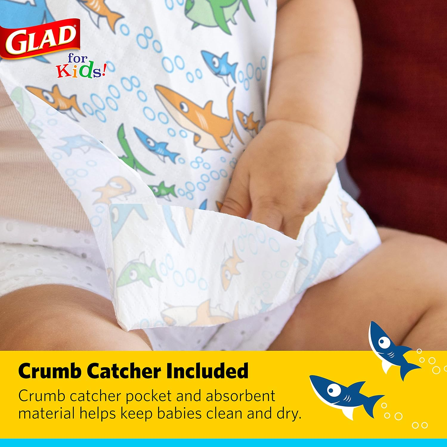 Glad for Kids Shark Disposable Paper Bibs with Crumb Catcher for Feeding - Absorbent and Leakproof Eating and Travel Essentials for Mess-Free Meals, 30 Count image number 2