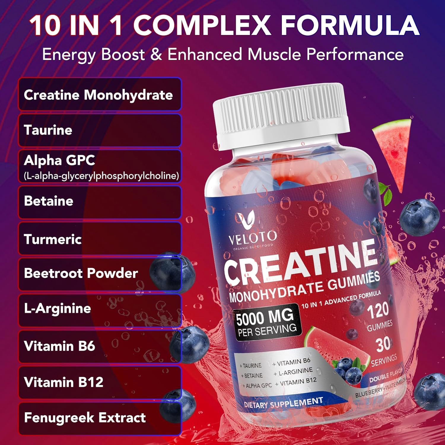 VELOTO Creatine Monohydrate Gummies with Taurine & Alpha GPC, 5000Mg Creatine Gummies Chewables, Ultra Concentration Gummy, Vegan Pre-Workout Supplement, Sugar Free, 120 Count Double Flavor image number 2