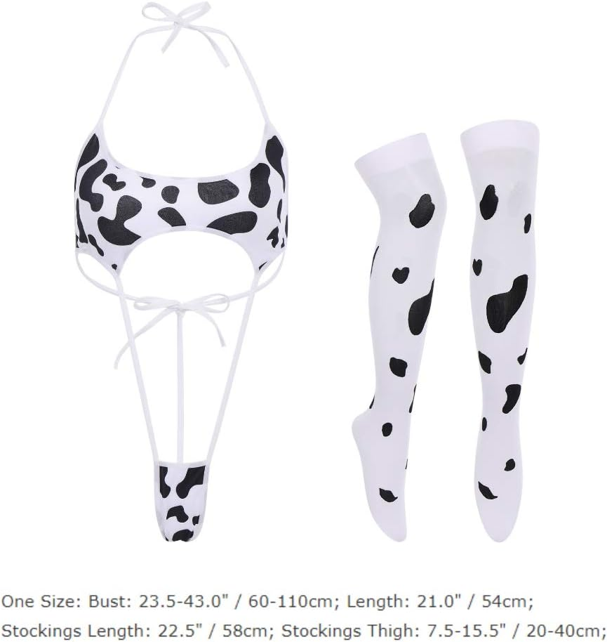 FYMNSI Women Sexy Milk Cow Lingerie Set Anime Maid Cosplay Costume Mini Bikini Bra Bodysuit with Bell Choker Stockings Outfit - Cow Dress Set image number 6