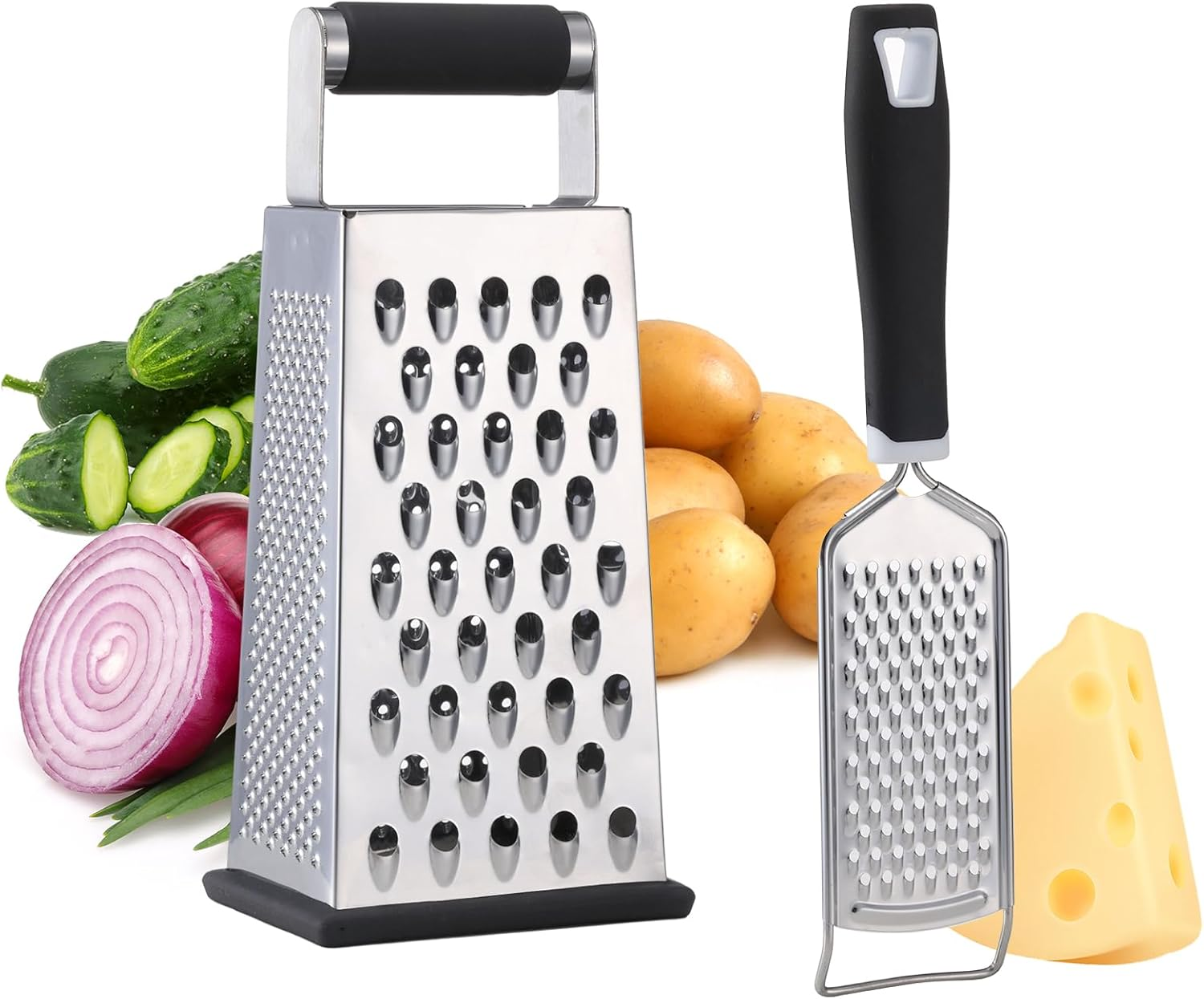 2 Pack, Cheese Box Grater & Handheld Cheese Grater Set, Stainless Steel Vegetable Slicer Food Shredder 4-Sided Convenience Gadgets with Lemon Zester Grater with Handle, Kitchen Gadgets and Tools image number 4