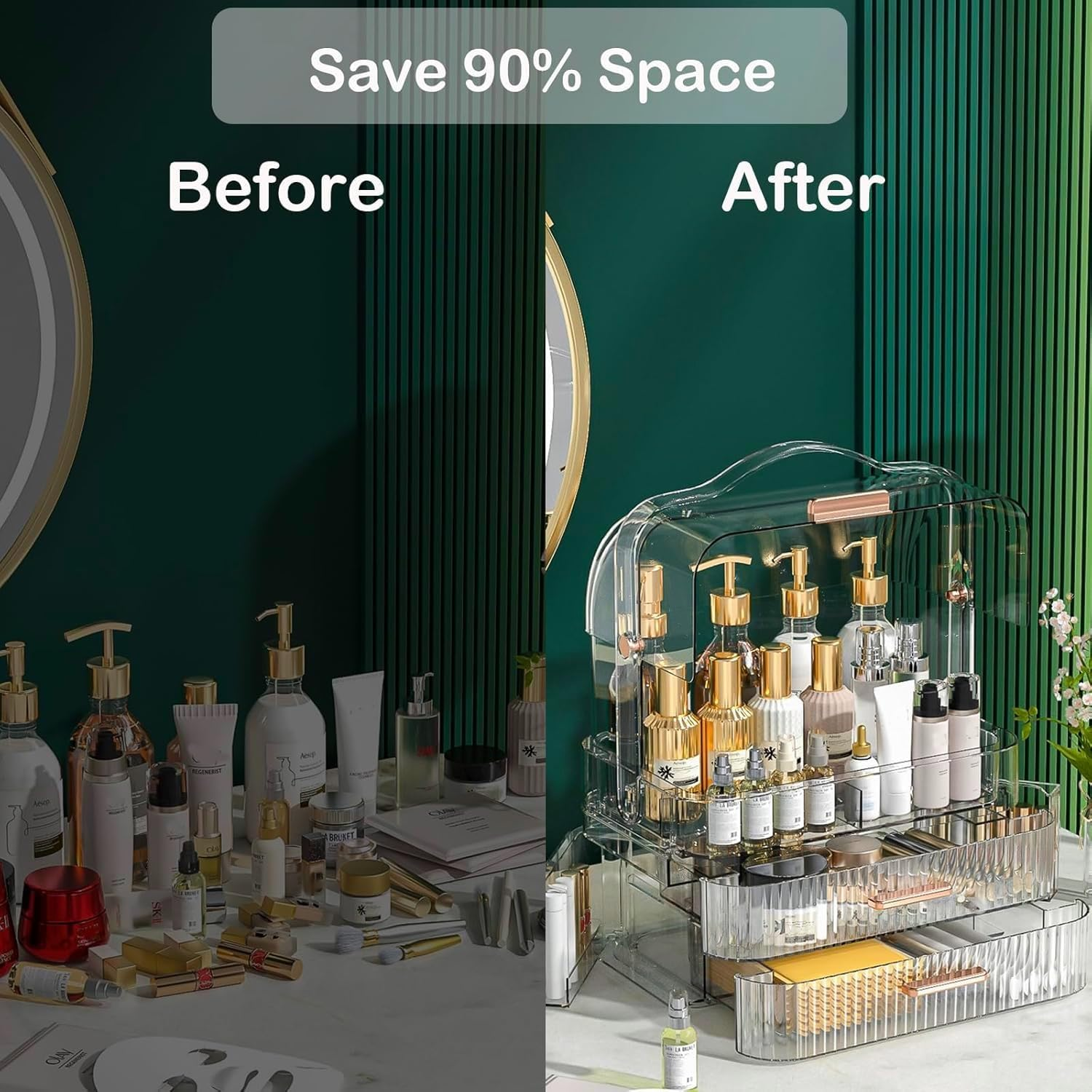 Makeup Organizer Bathroom Organizers and Storage, Clear Skincare Organizer with Lid and 2 Drawers, Cosmetic Organizer Countertop, Cosmetic Display Case for Vanity Bathroom Countertop. image number 2