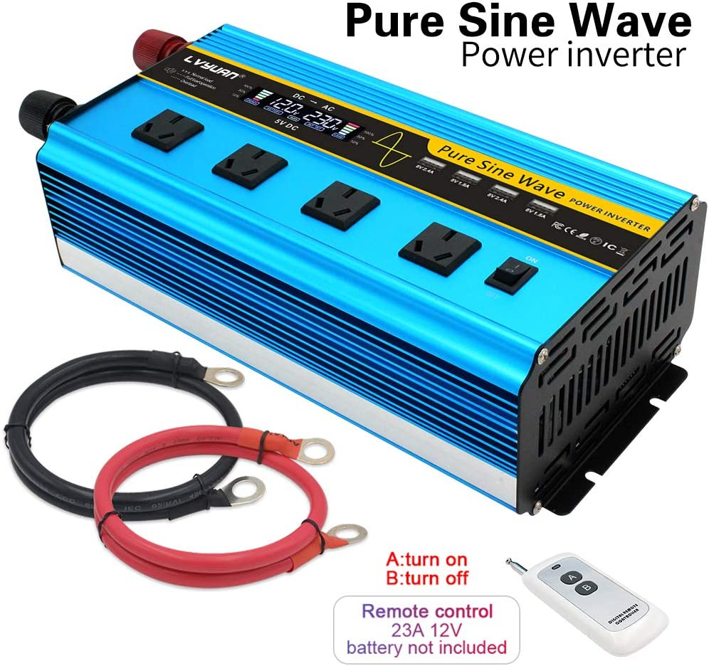 Yinleader 3000W/6000W(Peak) Inverter 12V to 240V Pure Sine Wave DC to AC Power Inverter W/LCD Display Remote Controller 4 AC Outlets Charge in Car/Boat/Truck