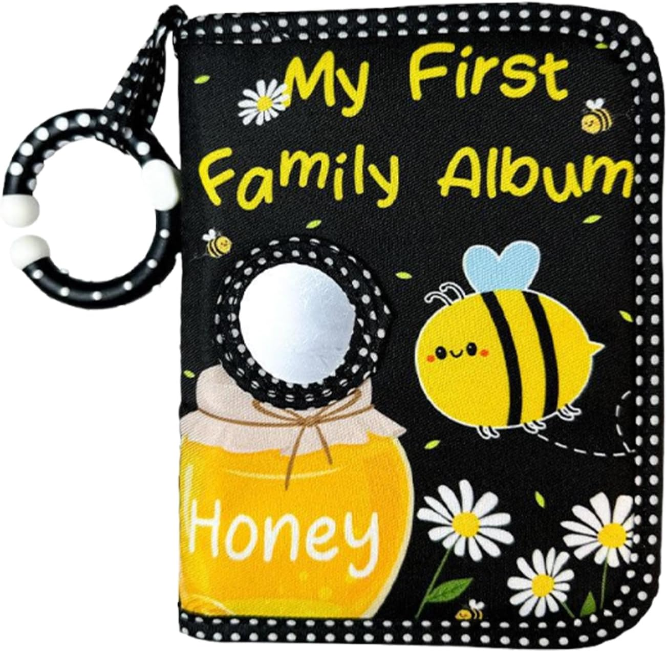 Baby Photo Album, First Picture Book, Bee Print Scrapbook, Soft Fabric Cover, Safe Mirror Design, Ideal for Birthday and Keepsake Memories, 7.3 X 5.5 Inches, Yellow, 1 Piece image number 2