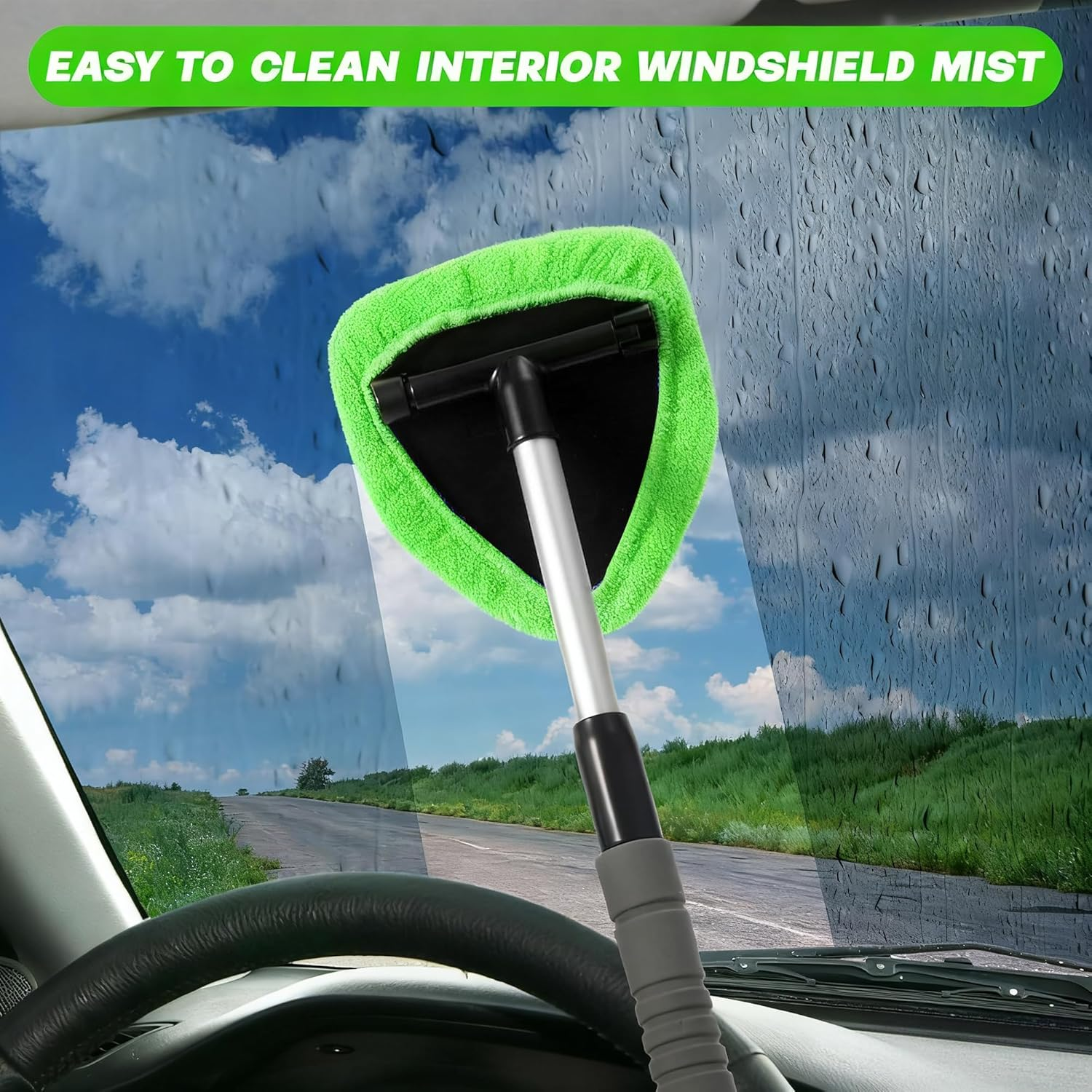 Tourgoing Windshield Cleaning Tool, Extendable Windshield Cleaner with 6 Washable Pads & 1 Spray Bottle, Interior & Exterior Windshield Wiper Tool for Car, SUV, Truck, RV (Green) - Green image number 3