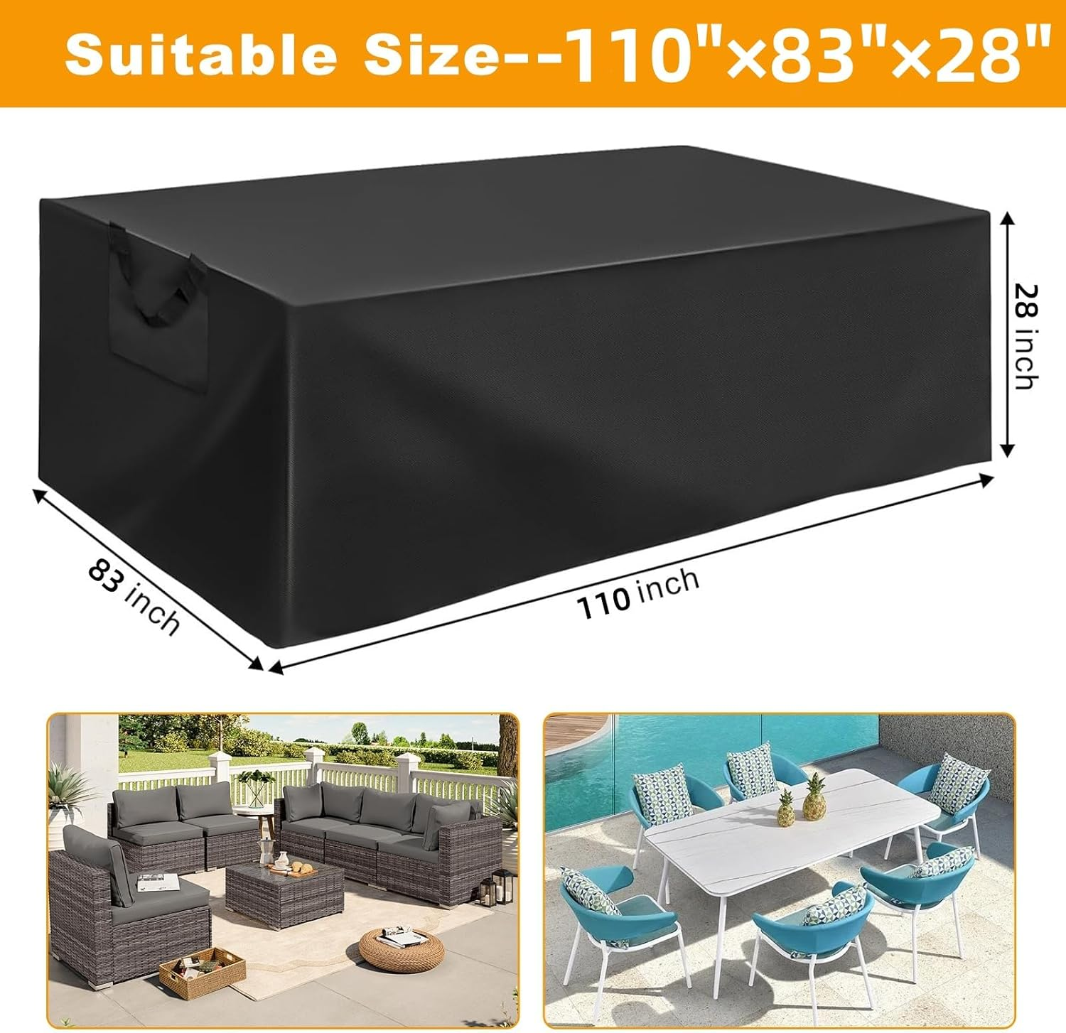 Patio Furniture Cover Waterproof 110''X83''X28'' / 279X210X71Cm Large Outdoor Furniture Cover Heavy Duty 420D Oxford Cloth Weatherproof Garden Dining Table Chair Set Cover, Black image number 3