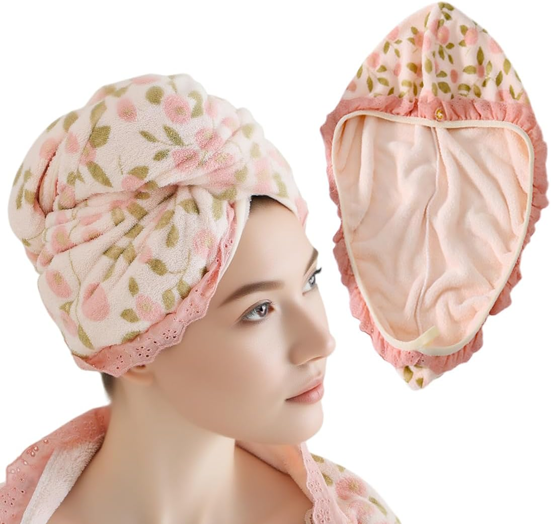 FIMWOLZ 1 X Coral Fleece Hair Turban Hair Drying Towel with Buttons with Lace Trim, Quick-Drying Turban Towel for Hair image number 5