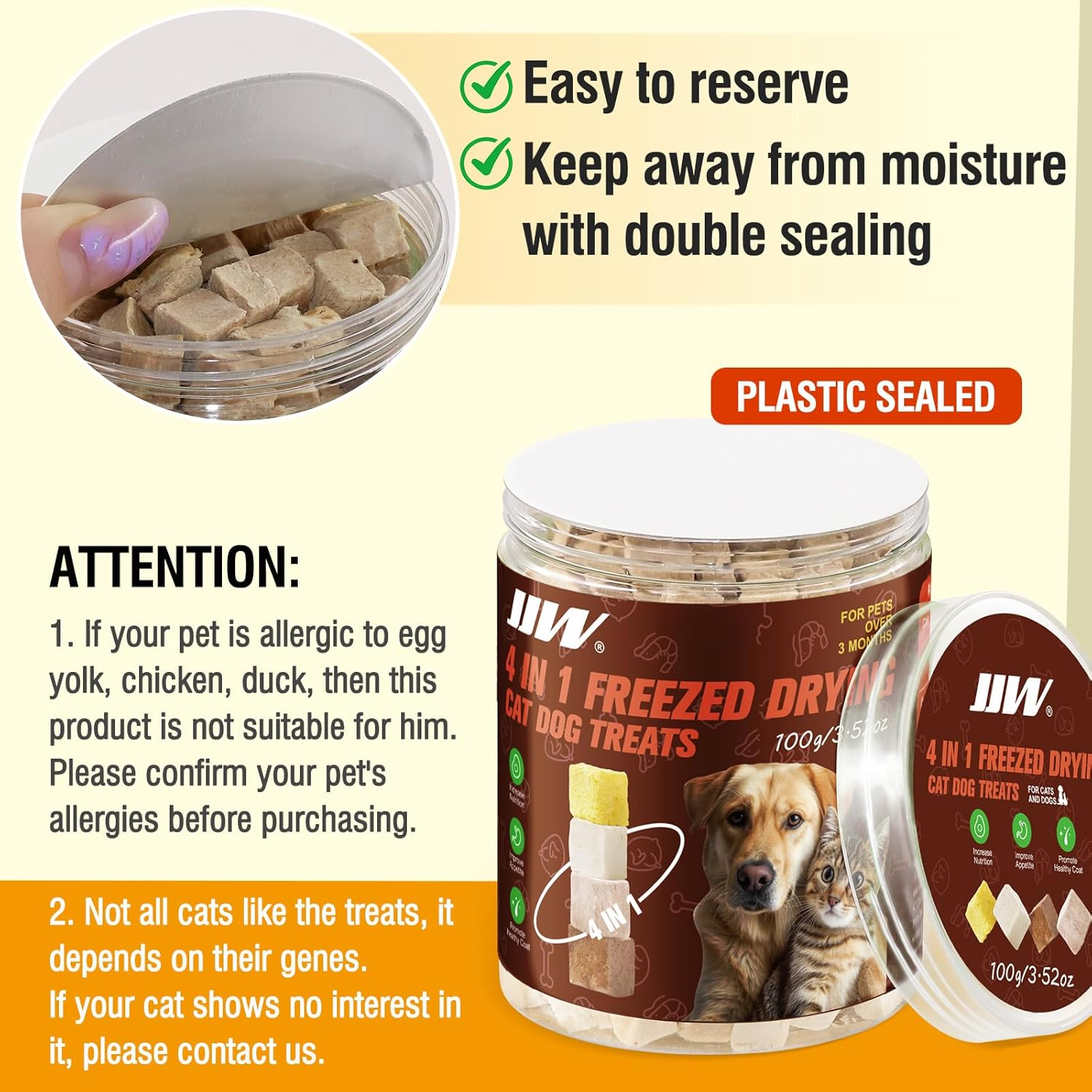 Freeze Dried Cat Dog Treats, 4 in 1 Meat Chicken Duck Egg Yolk Chicken Liver, Cat Dog Food Snack (100G) image number 3