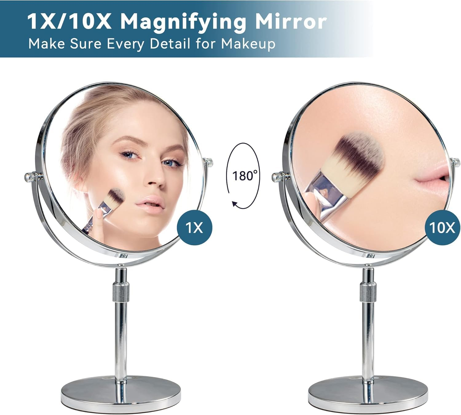 Zarek 8 Inch Makeup Mirror with 10X Magnification, Make up Mirror Double-Sided, Table Mirror with Pedestal for Shaving, Standing Mirror Height Adjustable Chrome Finish (8 Inch, 10X) image number 2