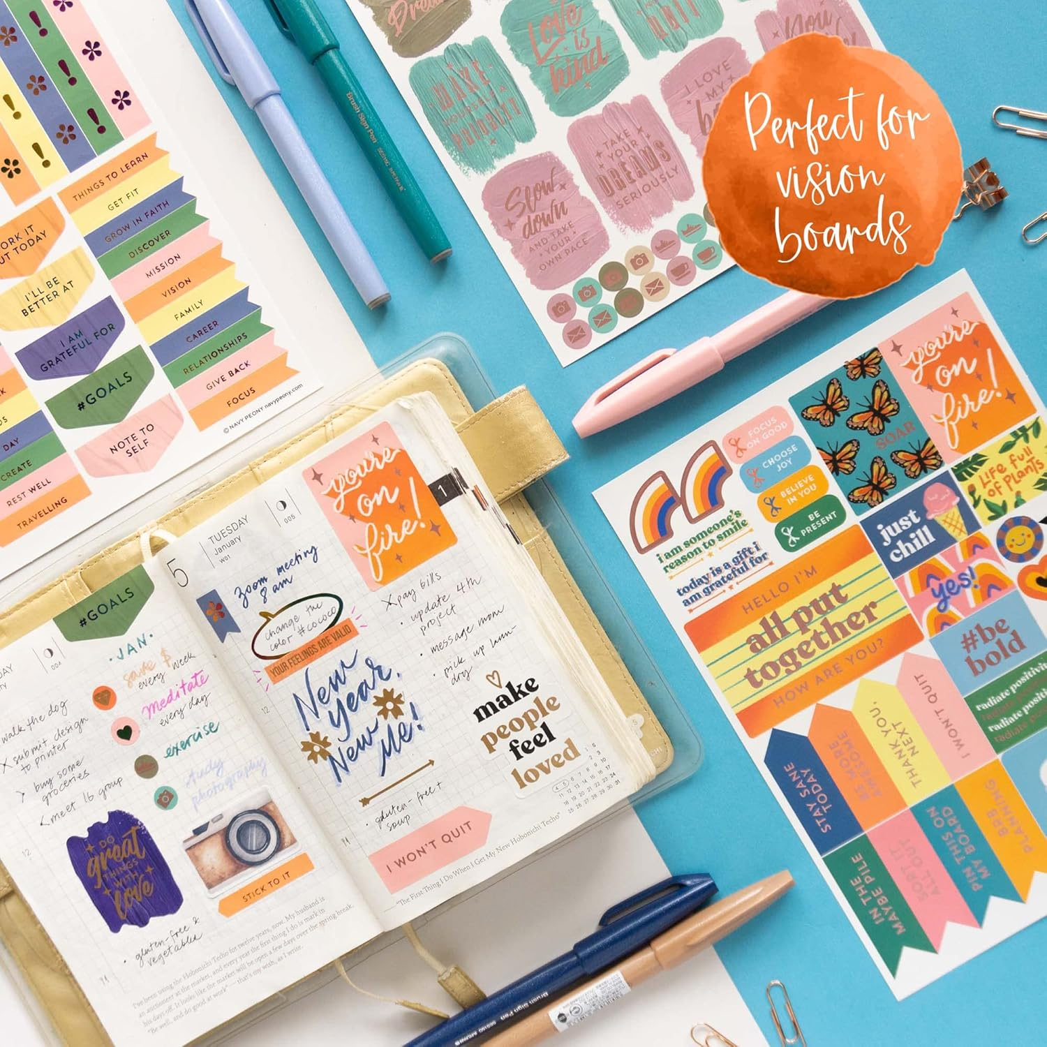 Navy Peony Motivational Vision Board Stickers (270Pcs, 6 Sheets) - for Parties, Planners