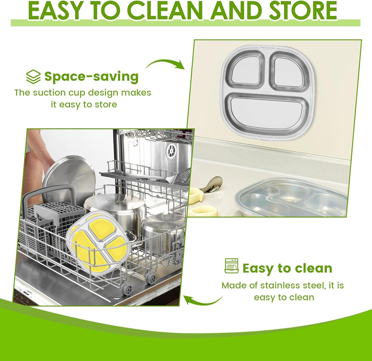 Stainless Steel Kids Plates Divided Designed, Metal Kid Plate Safe Versatile, Divided Plates Reusable Baby Suction Plates, Easy to Clean Toddler Plate for Kids image number 6