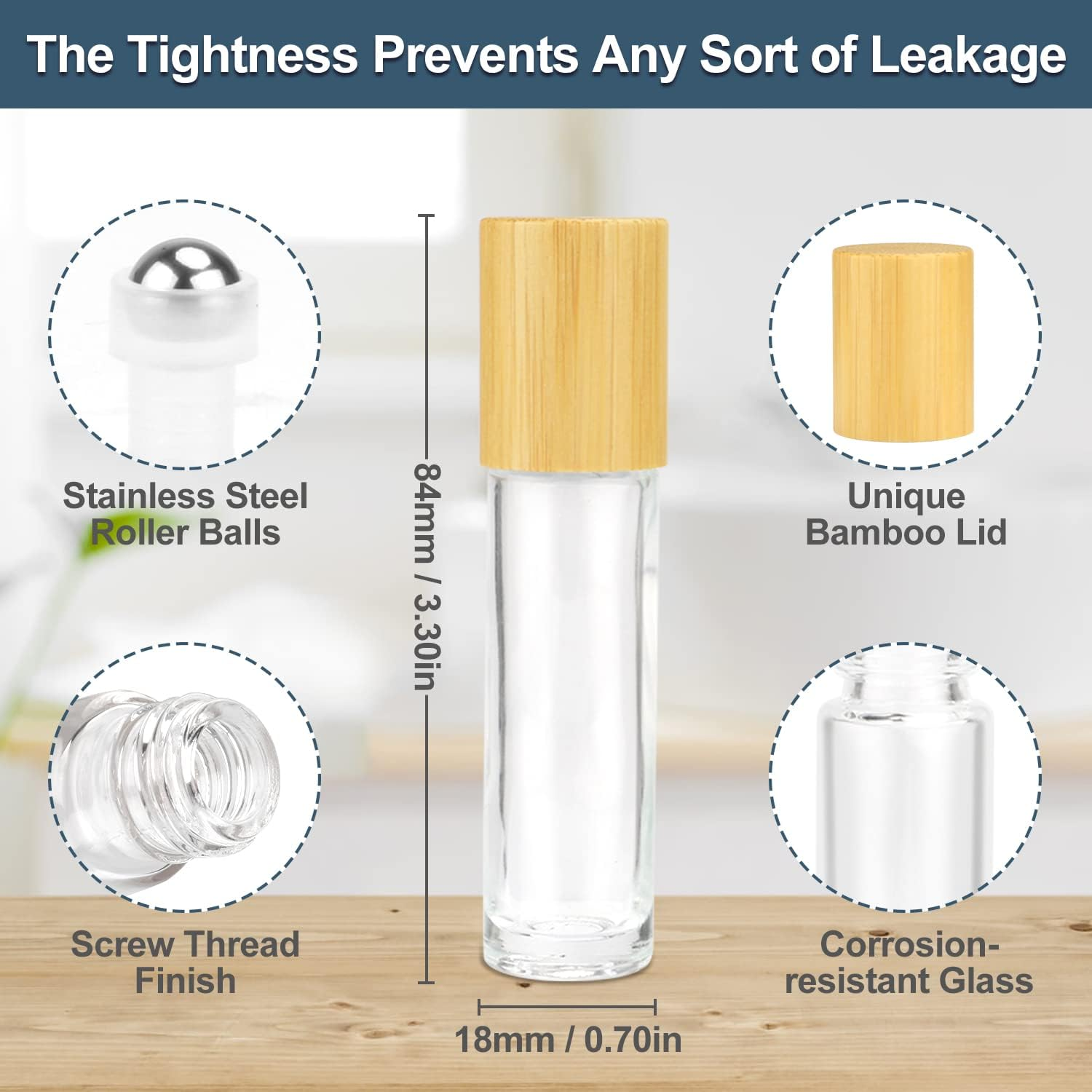 Wresty 10Ml(1/3Oz) Roll on Bottles,10 Pack Glass Roller Bottles Essential Oil Bottles Perfume Cosmetic Sample Bottles with Stainless Steel Roller Ball&Bamboo Lids image number 6
