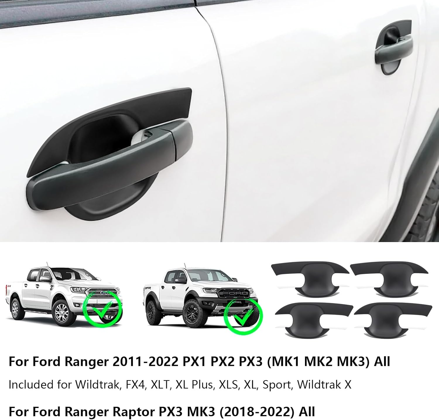 Door Handle Bowl Insert Cover for Ford Ranger PX1 PX2 PX3 2011-2022 Accessories, Car Door Handle Cup Anti-Scratch Protector Guard Trim Matte Black Exterior, 4PCS image number 1