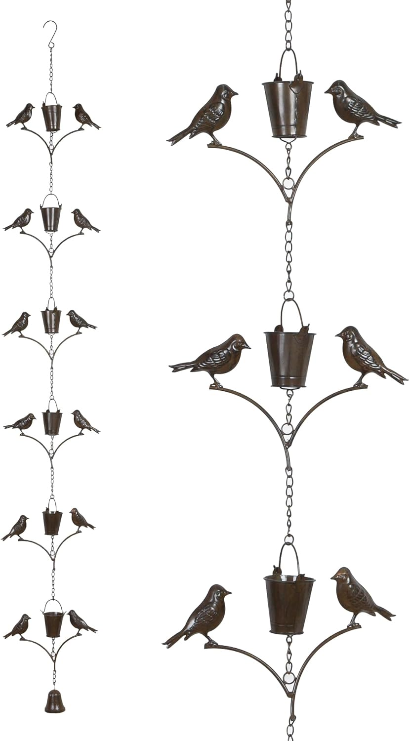 Topadorn Rain Chain Outdoor Decoration 6.3 FT, Rain Catcher Metal Chain Gutter Downspout 76'' for House Eaves, Garden & Patio, Birds & Buckets