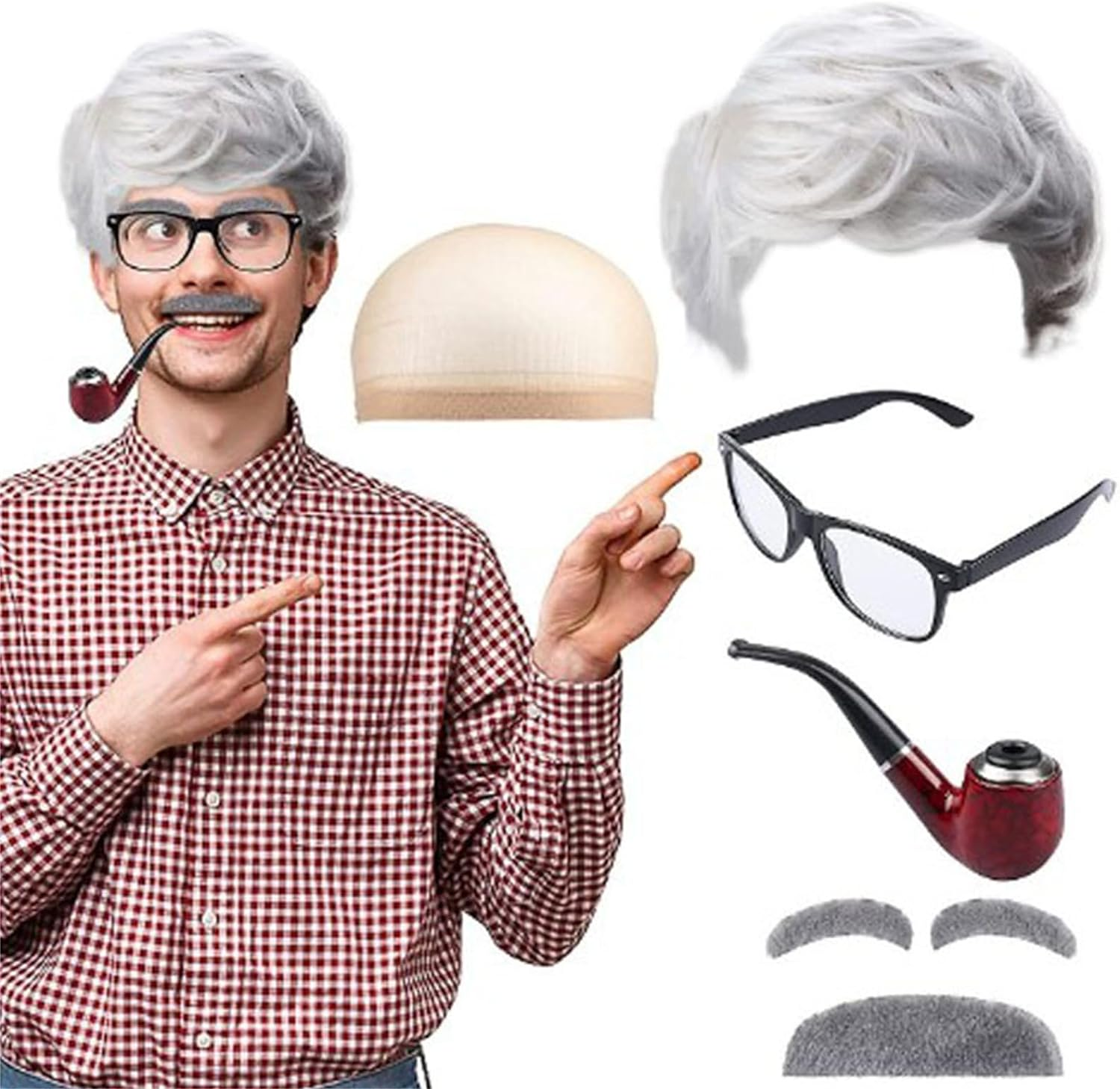 6PCS Funny Old Man Wig Set, Old Man Cosplay Accessories with Grandpa Wig, Wig Mesh Net, Glasses, Fake Moustache and Eyebrows, Grandpa Costume for Halloween Party image number 5
