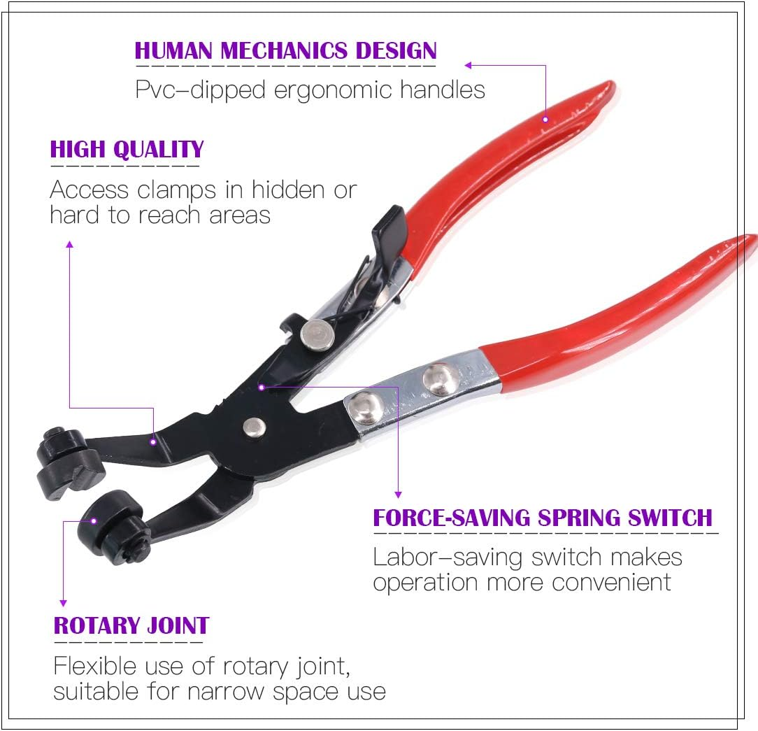 Swpeet 3Pcs Hose Clamp Plier Set, Including 45&deg; Flat Band Hose Clamp Plier Angled Swivel Jaw Locking Car Water Pipe with 2Pcs Hose Removal Hook Set Perfect for Hose Installations of Low Radiators image number 2