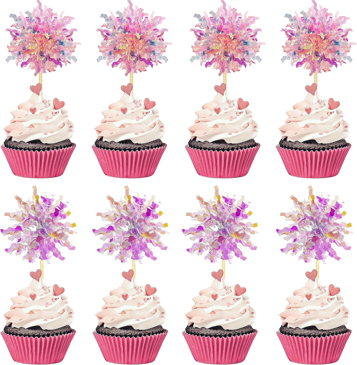 30PCS Foil Firework Cupcake Toppers, Takemay Happy Birthday Rose Cake Toppers, Sparkle Tinsel Flower Drink Stirrers Cocktail Food Fruit Toothpicks for Xmas Party Birthday Wedding Ceremony - Blue+Purple image number 3