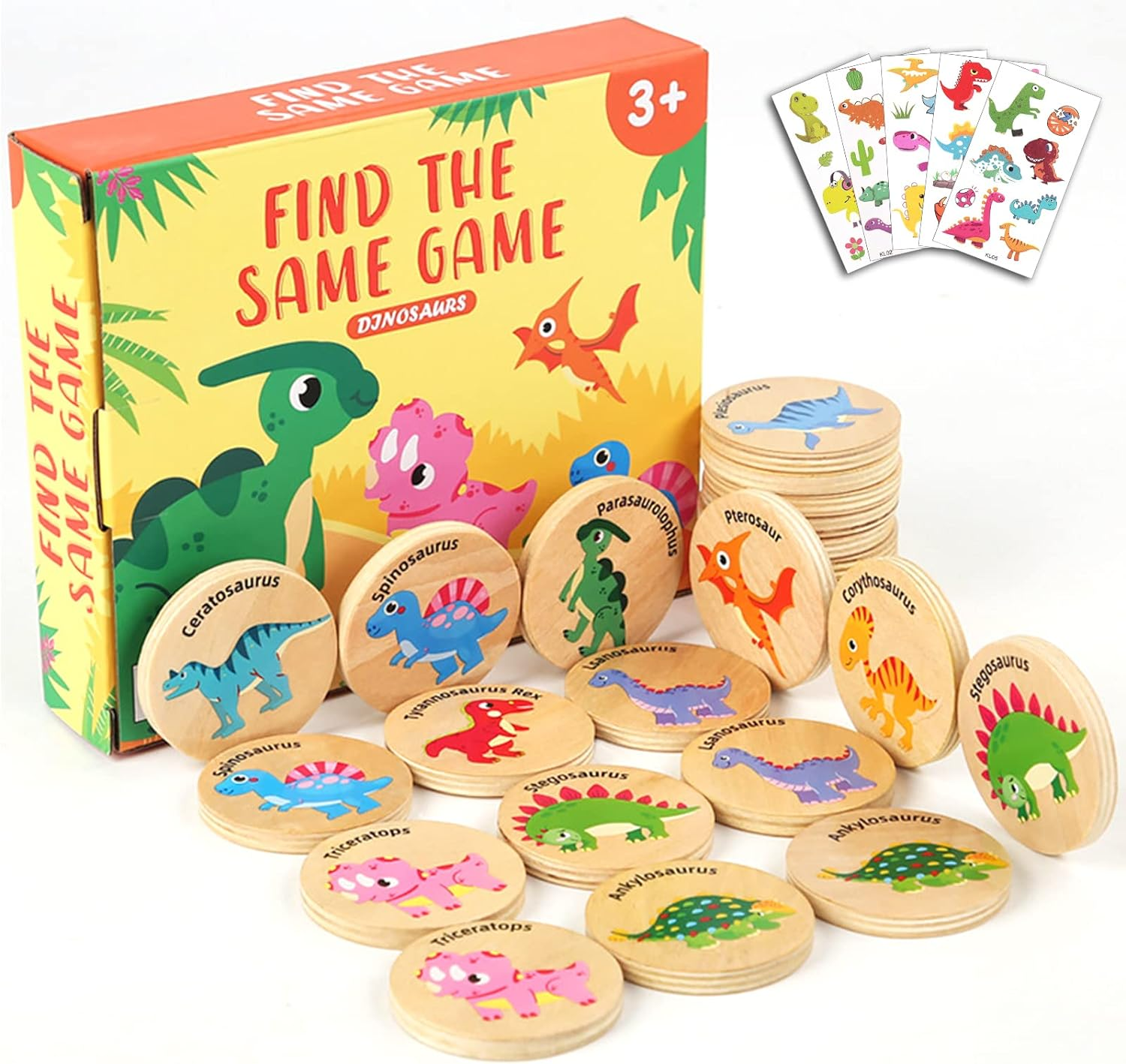 Wooden Match Memory Game for Kids, 24Pc Memory Matching Cards with 5Pc Tattoo Stickers, Educational Memory Matching Game for Pre-Kindergarten Early Learning Development Girls and Boys-Dinosaur image number 3