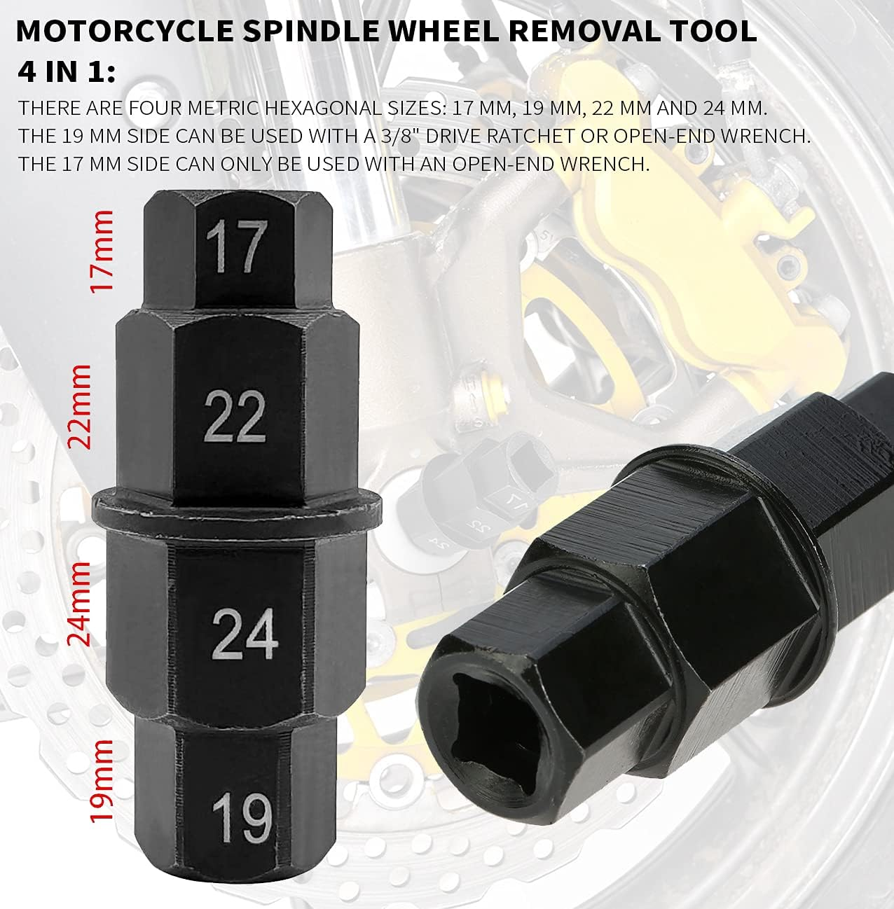 Motorcycles Hex Axle Tool,17Mm 19Mm 22Mm 24Mm Motorcycle Spindle Wheel Removal Socket Adapter Tool,Motorcycle Special Socket for Honda,Kawasaki,Suzuki,Yamaha,Buell,Bmw Motorcycles image number 2