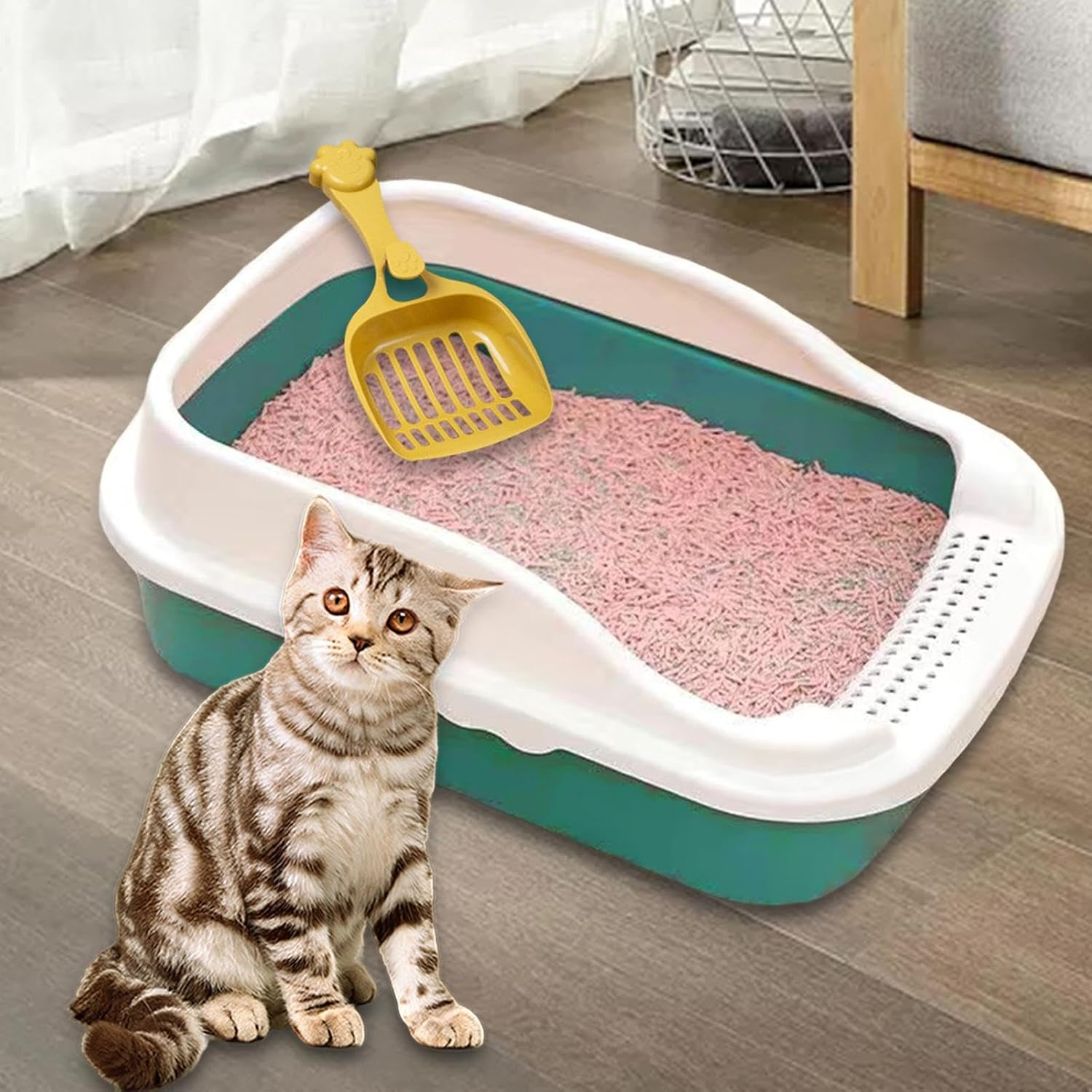 Fenteer Cat Litter Box Potty Toilet Toilette Sand Box Container Pet Litter Tray Pan with Litter Sifting Spoon for Small Animals, Green M 31X21X16Cm image number 3