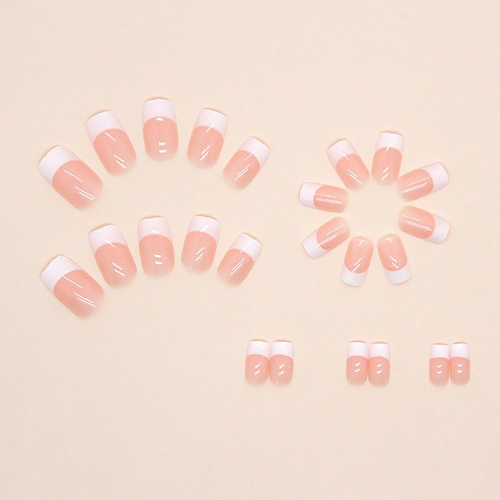 LOPHE 24 Pcs Press on Nails Fake Nails Square Short French False Nails Nude Pink Nail Stickers for Women and Girls Nail Art F image number 3