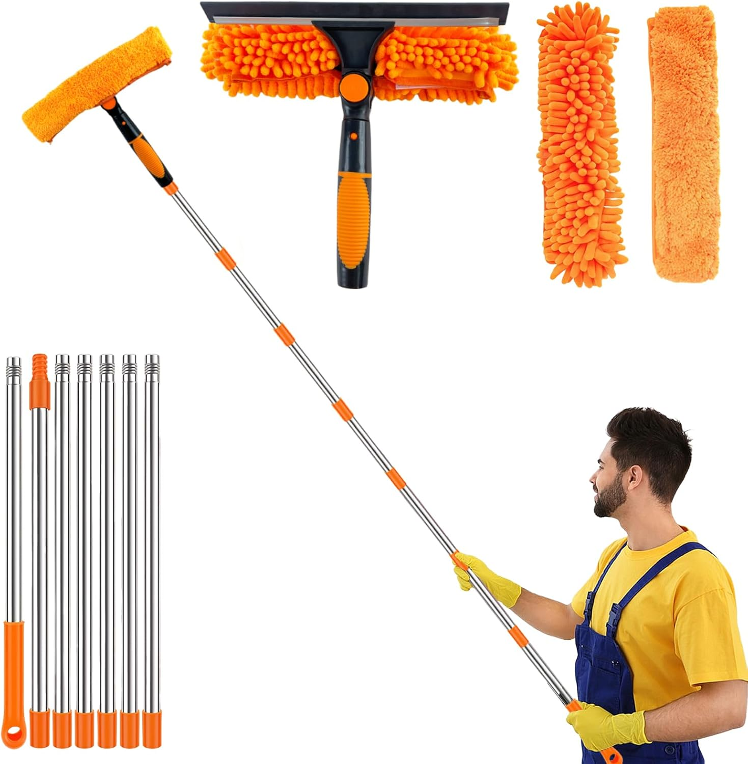 3-In-1 Window Cleaner with Telescopic Rod, Telescopic Window Wiper 3M, Long Handle Window Cleaner Set with Silicone Window Squeegee and Microfibre Cloth Brushes, Window Cleaning Set for Glass, Mirror