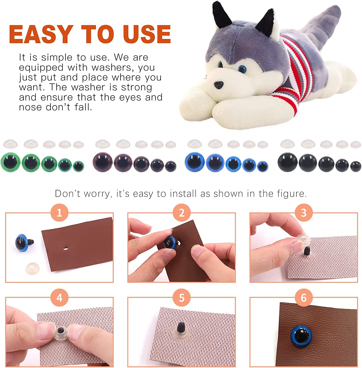 Tanstic 224Pcs Plastic Safety Eyes with Washers 4 Color Craft Doll Eyes for Doll Animal Crafts, Stuffed Crochet Animals (10Mm, 12Mm, 14Mm, 16Mm, 18Mm) image number 1