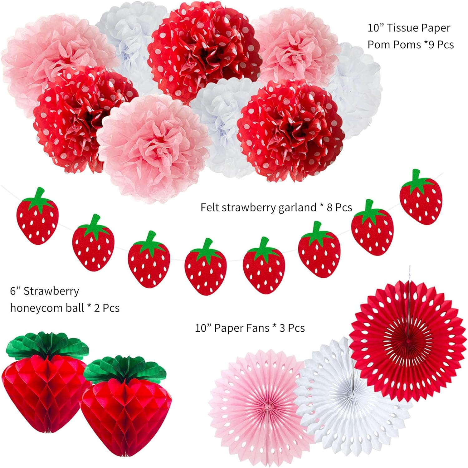 ANSOMO Strawberry Party Decorations Red Pink White Tissue Pom Poms Fans Honeycom Balls Lanterns Garland Classroom Berry Sweet Fruits 1St One Birthday Bridal Baby Shower D&eacute;cor Supplies Girls image number 3