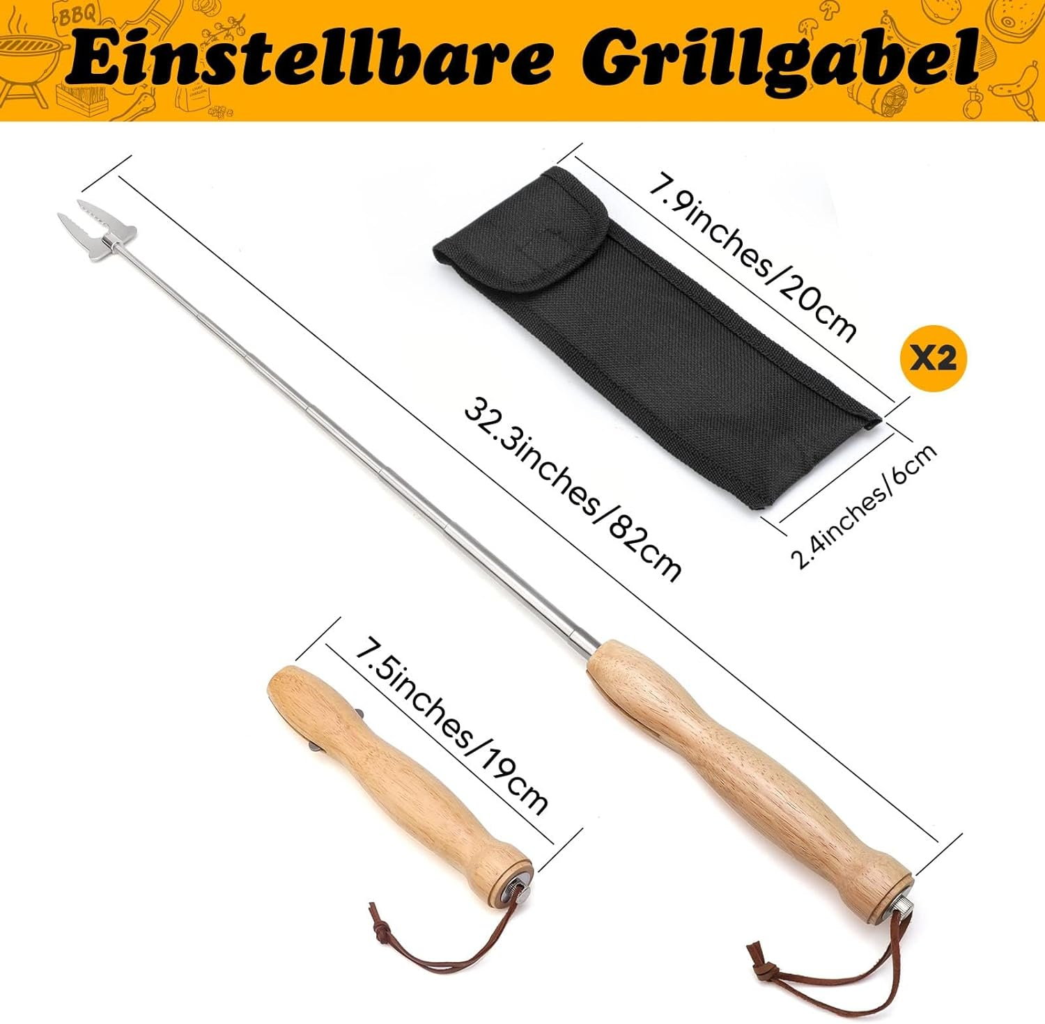 Barbecue Fork Extendible Stainless Steel Wooden Handle Long Campfire Telescopic Extendable Kebab Skewers Meat Fork for Grilling, Campfire and Camping(2 Pack)